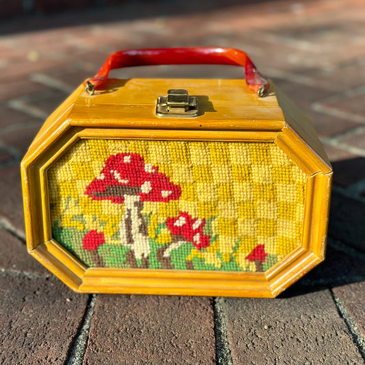 1960s/70s Needlepoint Mushrooms Wooden Box Purse