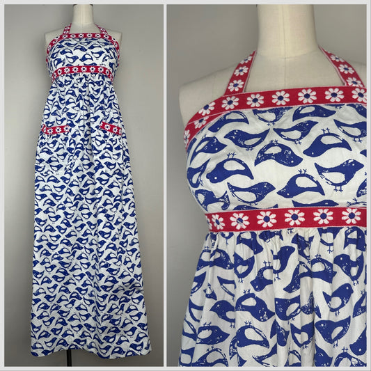 1960s/70s Bird Print Halter Maxi Dress, Denise Are Here Size XXS/XS