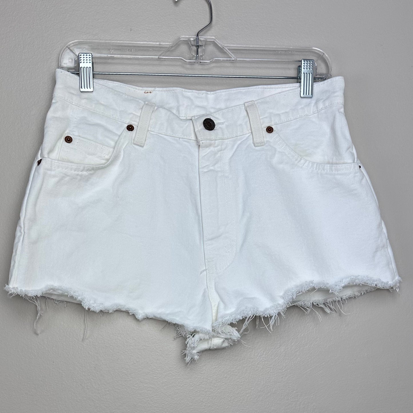 1990s White Denim Cut Off Shorts, Levi’s 950 Orange Tab, 30" waist