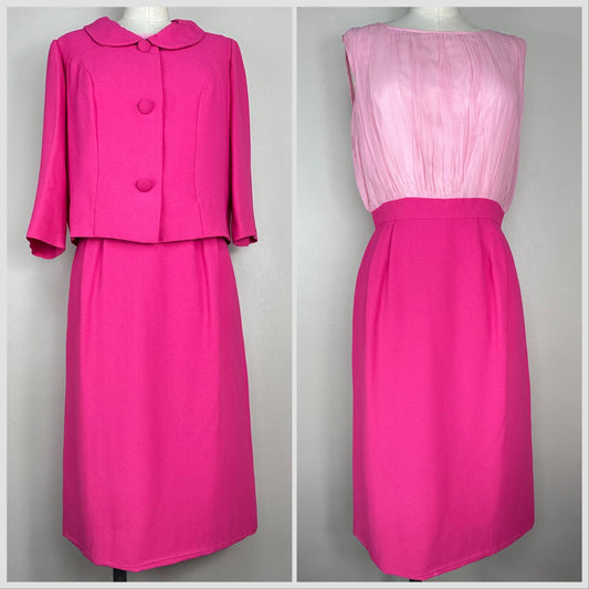 1960s Bright Pink Suit, Dress and Jacket, Sears Fashion Size Small