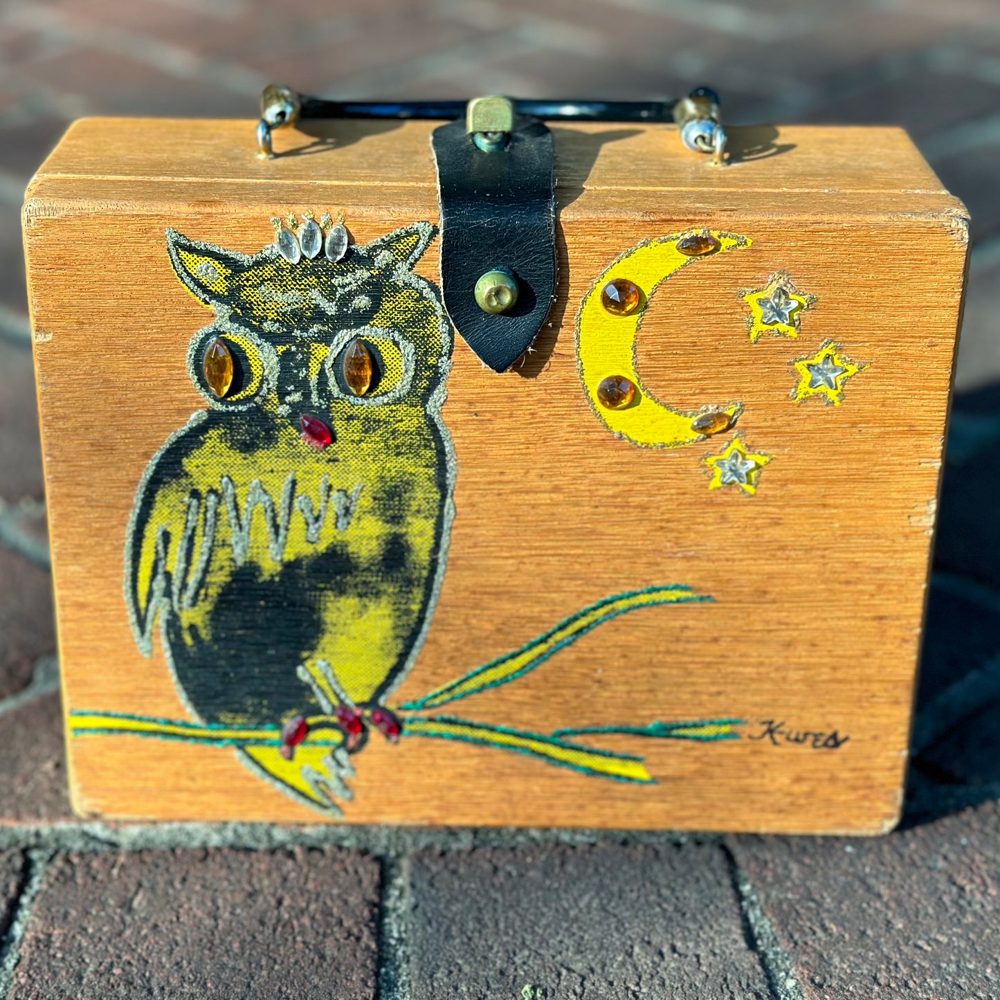 1960s K-Wes Wooden Box Bag Purse, Hand Painted Owl with Jewels