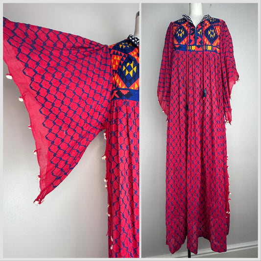 1960s Rikma Red Keffiyeh Caftan Dress, Size Small, Angel Sleeves