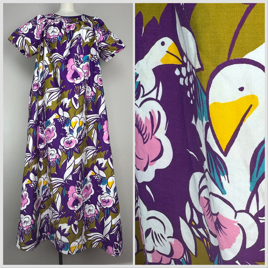 1980s Hawaiian Birds and Floral Dress, Sears Size Small, Muumuu, Novelty Print