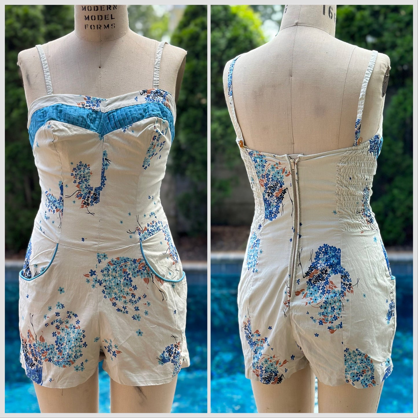 1950s Blue Floral Romper Swimsuit, Lee Swimplay Playsuit Size XS