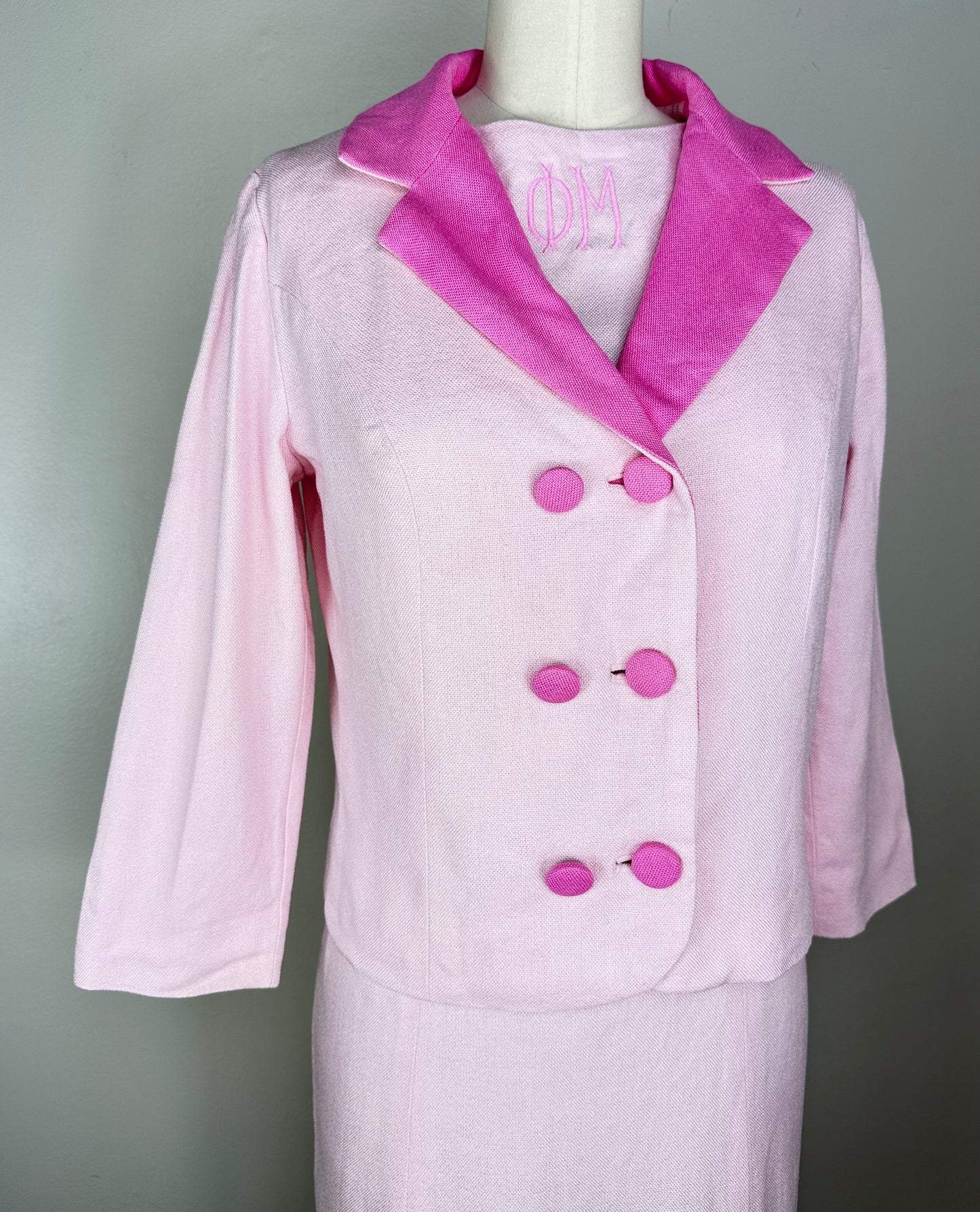 1960s Phi Mu Sorority Pastel Pink Suit, Dress and Jacket, Size XS