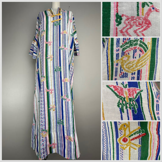 1970s Lori Till Caftan Dress, Size XS-S, Novelty Print Stripe