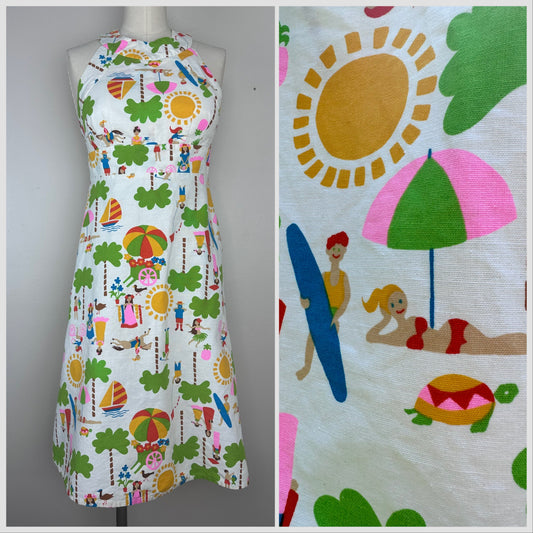 1970s Malia Sundress, Summer Novelty Print Dress, Size XS