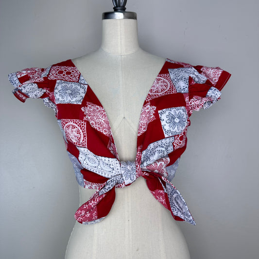 1970s Cropped Tie Front Blouse, California Things, Red Lace Patchwork Print