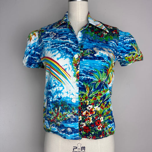 1970s Hawaiian Print Shirt, Sears Jr Bazaar Size Small, Tropical Rainbows Blouse