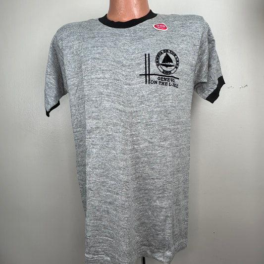 1960s Grey Ringer Tee with Flocked Print, Geneva on the Lake Ohio, Printwear Size Medium, Deadstock