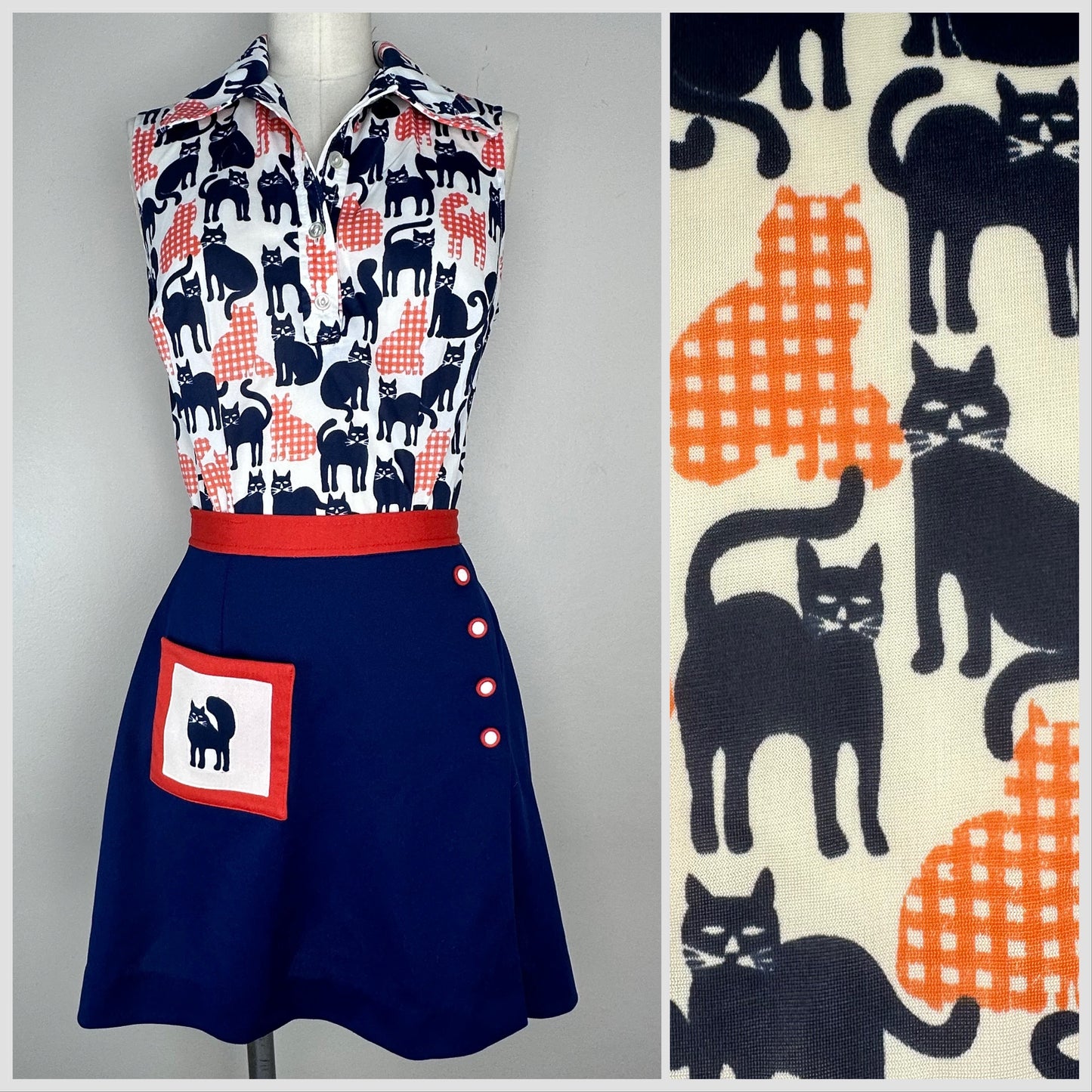 1960s/70s Cat Print Blouse and Skort Set, Size Small, Women's Golf Outfit