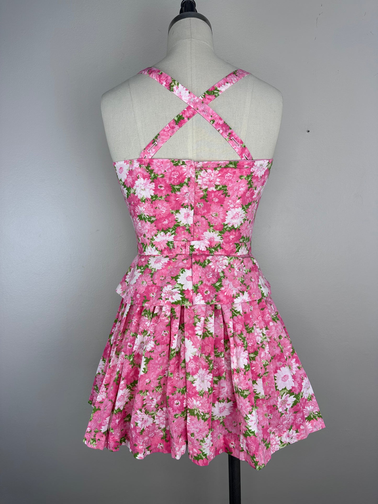 1950s Pink Floral Skirted Peplum Romper with Matching Midi Skirt, Gabar Size XS