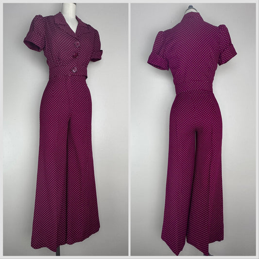 1970s Maroon Polka Dot Rayon Pant Suit, Size XXS, 70s does 40s Blouse and Bell Bottom Pants