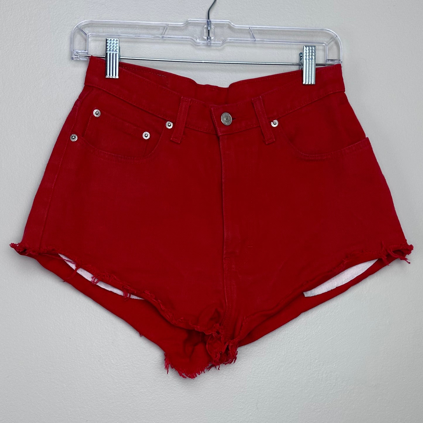 1990s Red Denim Cut Off Shorts, Jordache, 26" Waist