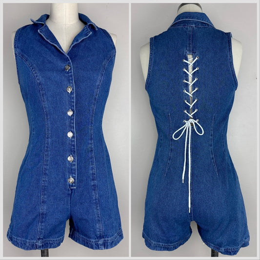 1990s Denim Romper, A Byer Size XS/S, Lace Up Back