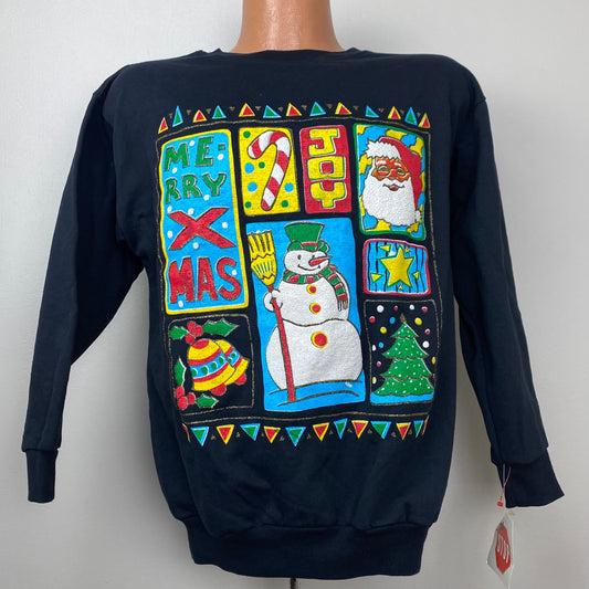 1990s Merry X-Mas Sweatshirt, One Stop Size Medium, Puff Paint, Glitter, Deadstock with Tags