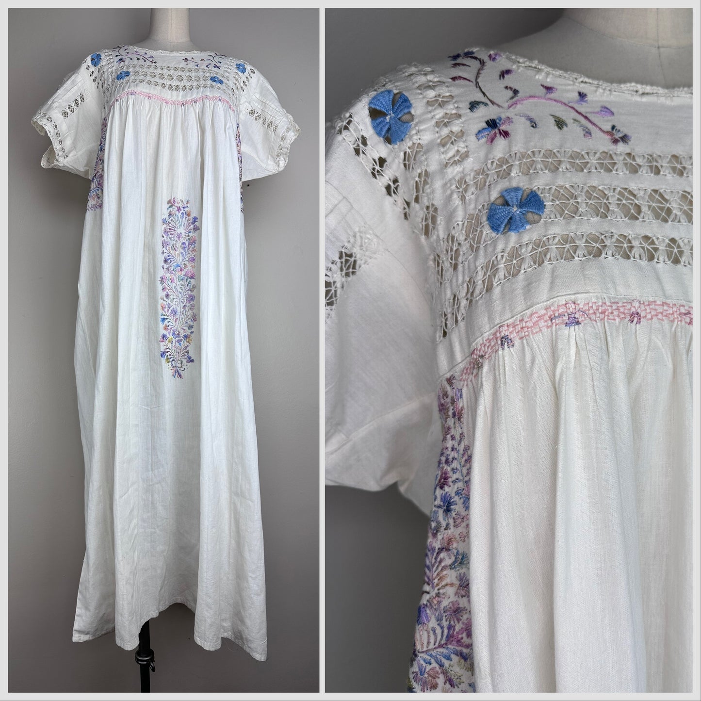 Vintage Mexican Oaxacan Pastel Embroidery Dress, Size Medium, Travel Souvenir