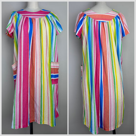 1970s/80s Rainbow Stripe Terry Cloth House Dress, Size Small-MediumSwim Pool Beach Cover Up