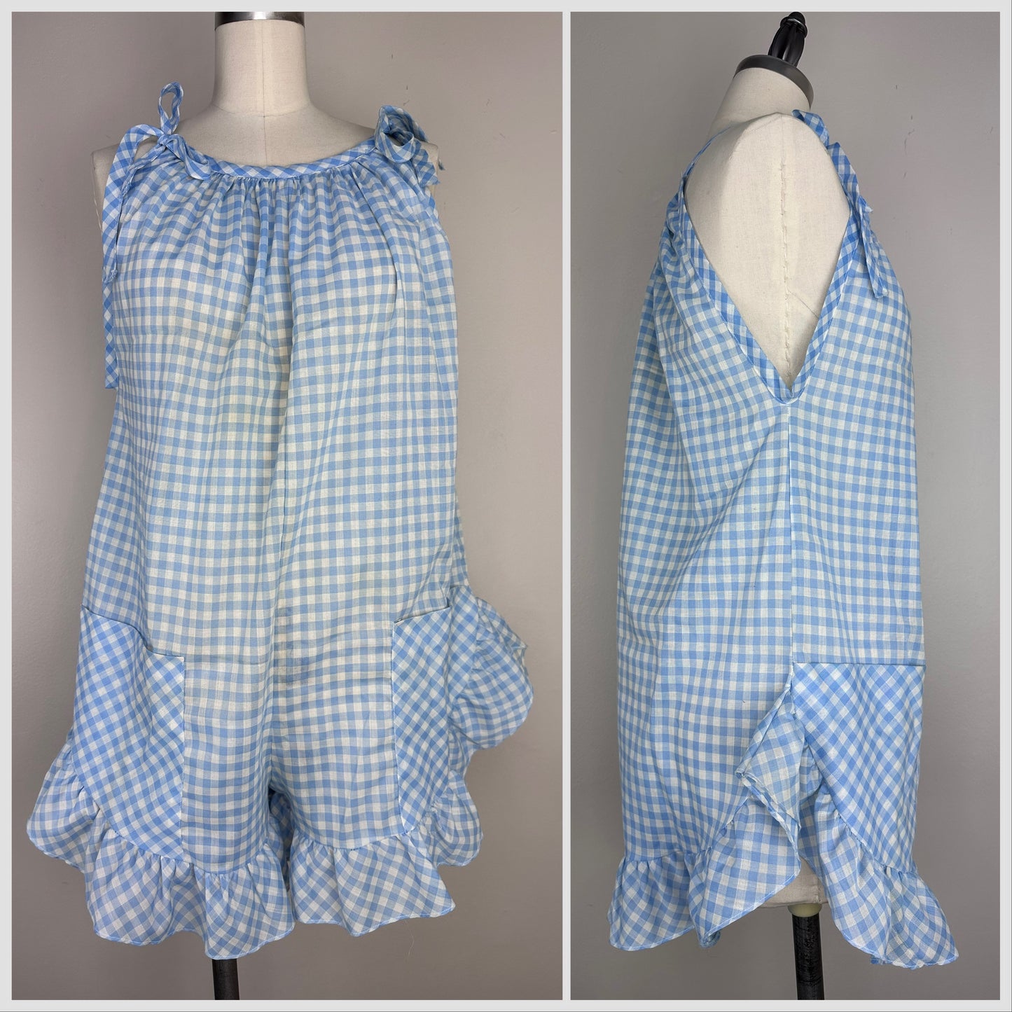 1960s Blue Gingham Loungewear Romper, Society Pajamas Size Medium Petite