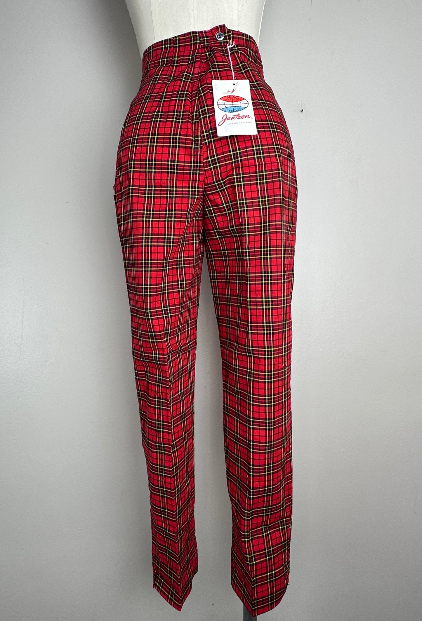 1950s Jantzen Red Plaid Pants, Size XS/S, Deadstock with Tags, Cotton Poplin Scottish Moor Anklers