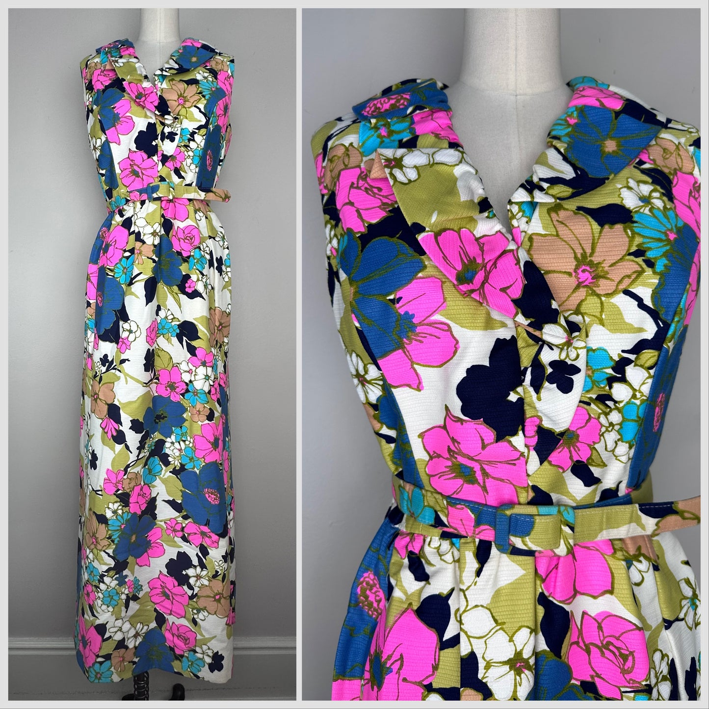 1960s/70s Bright Floral Maxi Dress, Size Small