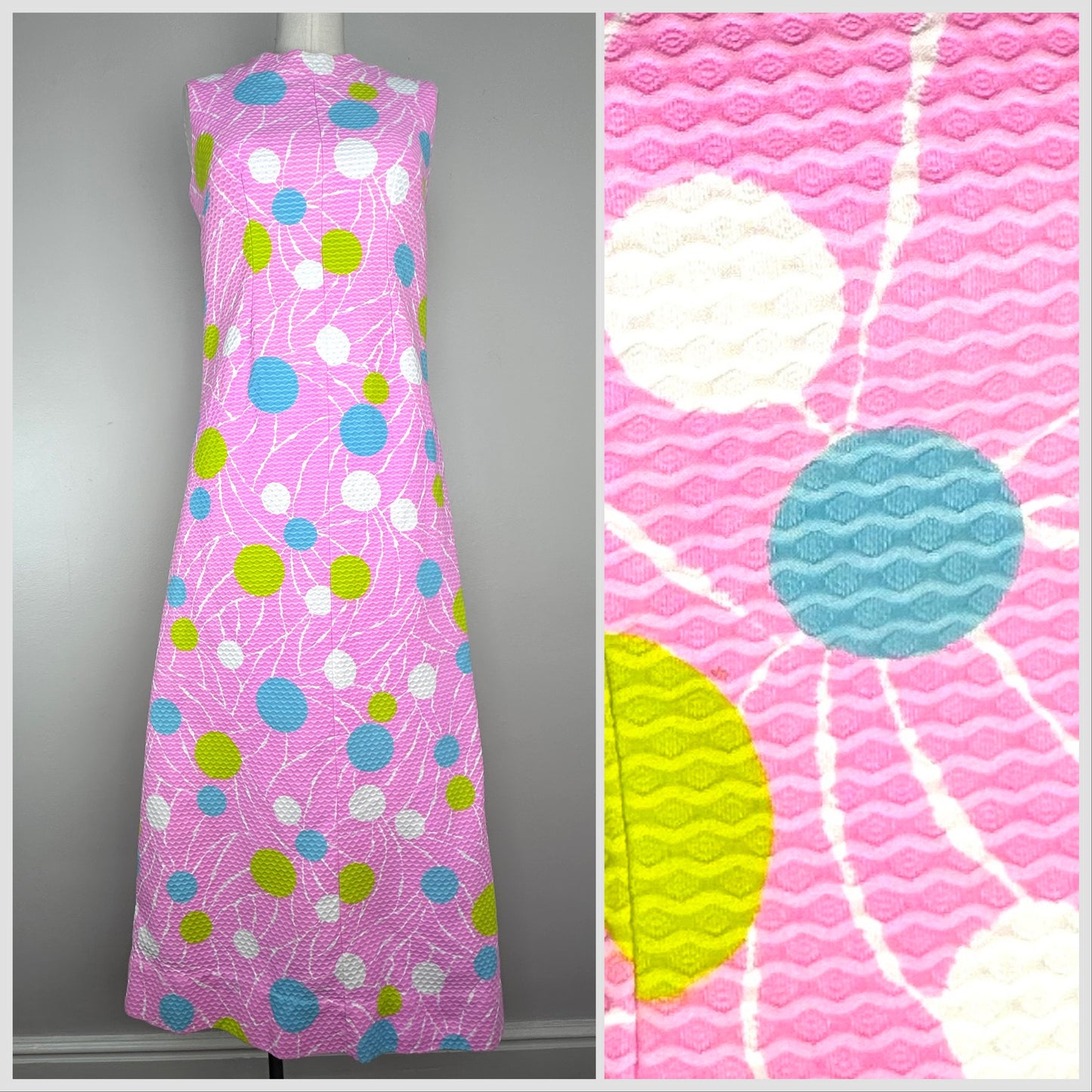 1960s Pink Geometric Print Sleeveless Maxi Dress, Size Small, Textured Cotton