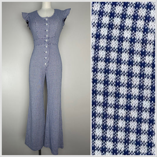 1970s Double Knit Navy Blue Gingham Jumpsuit, Size XS/S