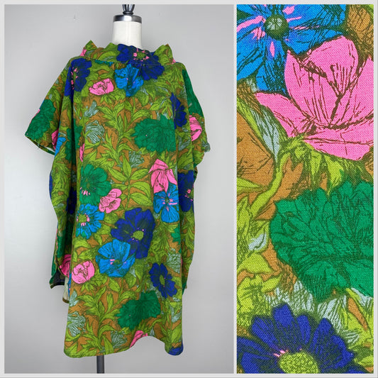 1960s/70s Bright Floral Mini Caftan, One Size Fits Many