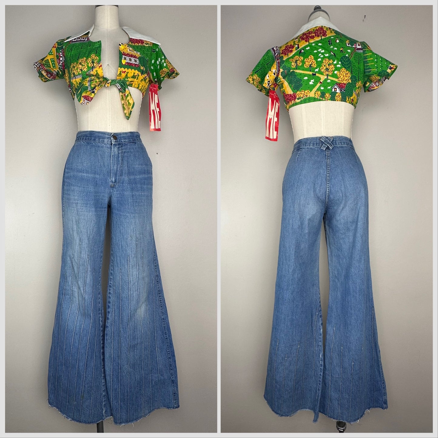 1970s Bell Bottom Blue Jeans, Pin Tucks, 28"X31.5"