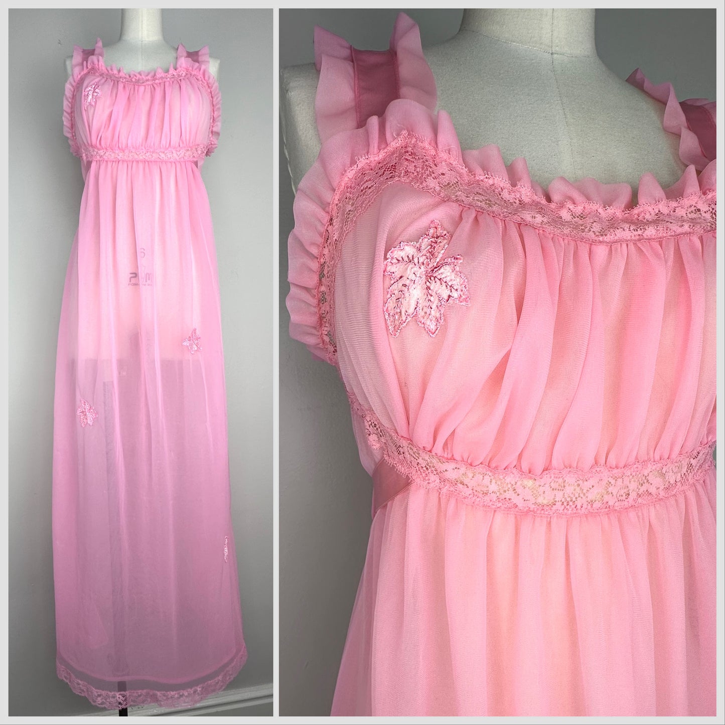 1950s Pink Sheer Nightgown, Mojud Size 34 Small, Leaf Appliques