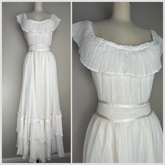 1970s White Gauze Peasant Maxi Dress, Size Medium, Boho Bride Wedding Dress, Gunne Sax?