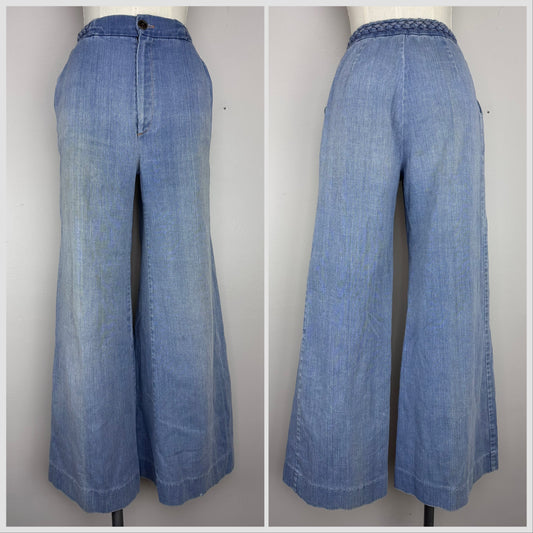 1970s Wide Leg Blue Jeans, Braided Waist, E ‘n C Jr, 26"x28", Flare