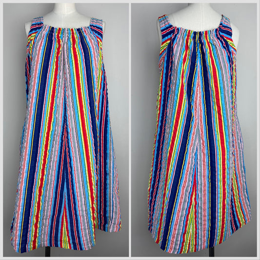 1970s Rainbow Stripe Seersucker Dress, Size Small, Sleeveless Sundress