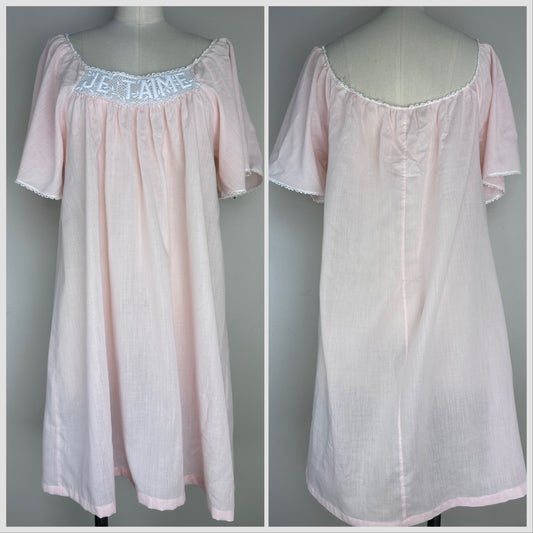 1970s/80s Je T’aime Pastel Pink Cotton Nightgown, Size M-L