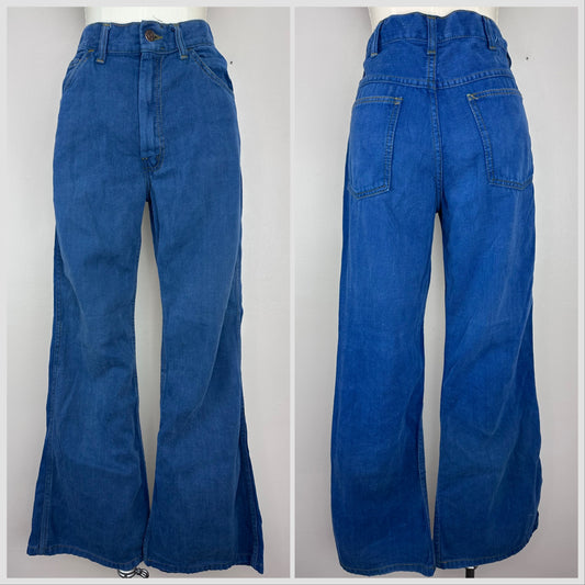 1970s Navy Blue Brushed Denim Bell Bottom Jeans, Farah 31"x31"