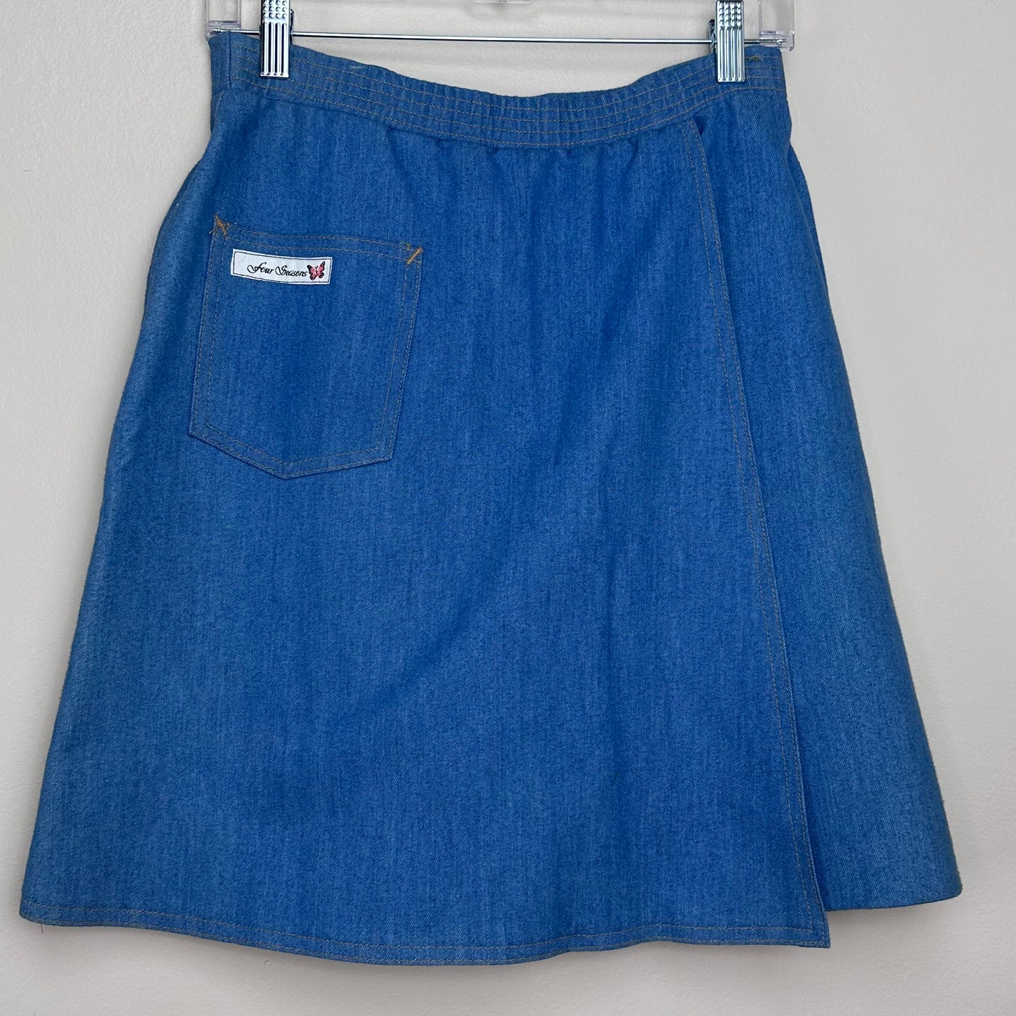 1970s Denim Skort, Four Seasons, 27" Waist, Butterfly Patch, Mini Skirt Shorts