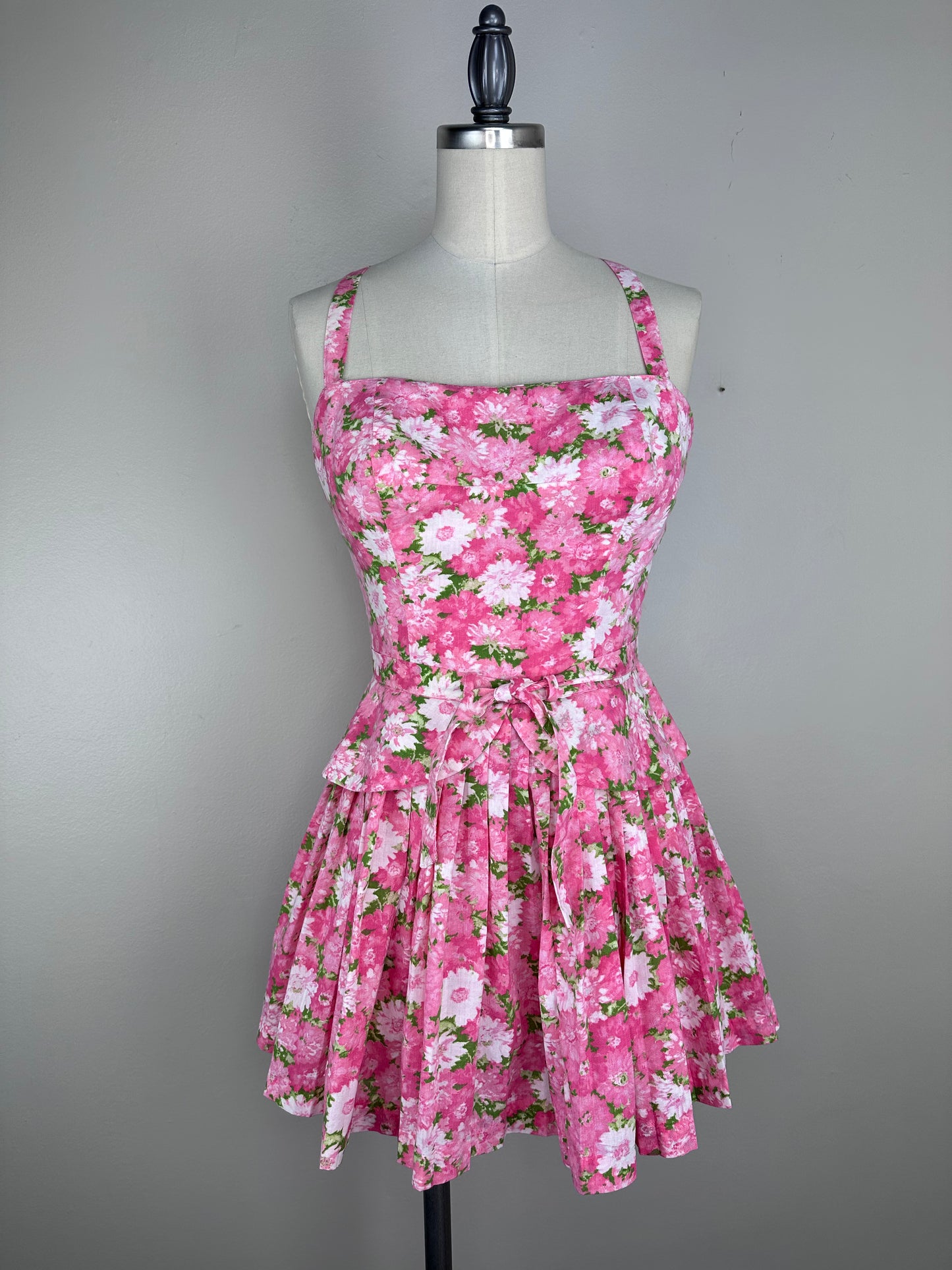 1950s Pink Floral Skirted Peplum Romper with Matching Midi Skirt, Gabar Size XS