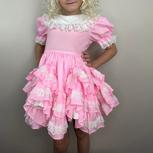 1980s Pink Party Dress, Full Skirt with Ruffles, Kids Size 6