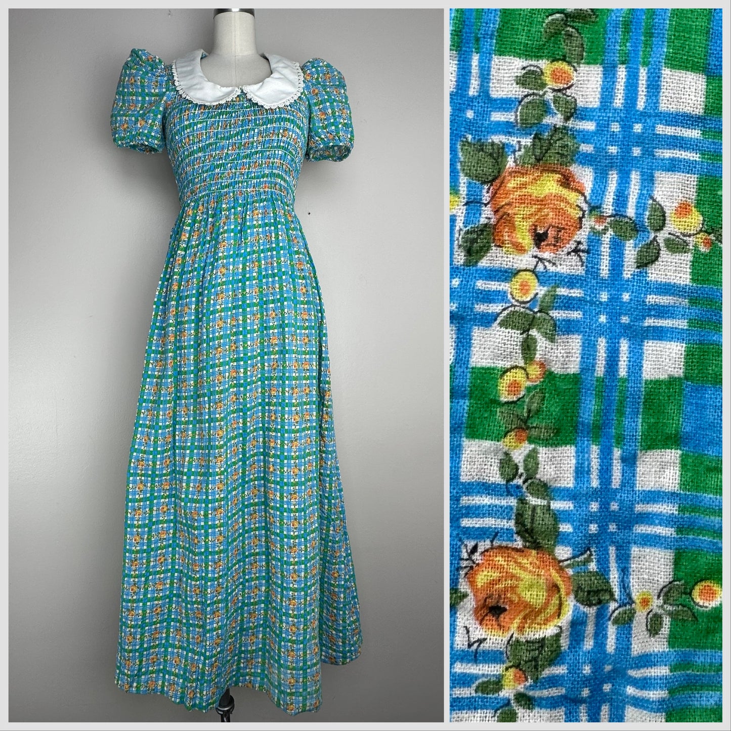 1960s Seersucker Floral Plaid Maxi Dress with Peter Pan Collar, Size XS-Small