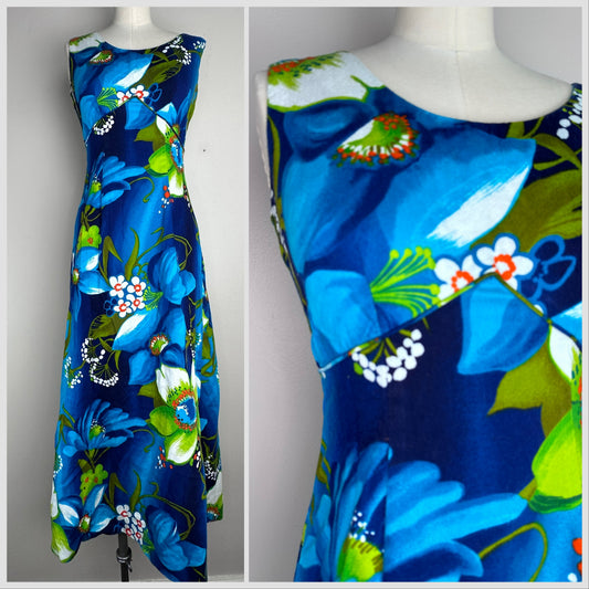 1970s Royal Hawaiian Floral Barkcloth Maxi Dress, Size XS