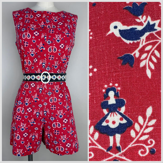 1960s Red Dutch Style Novelty Print Sleeveless Romper, Size Small