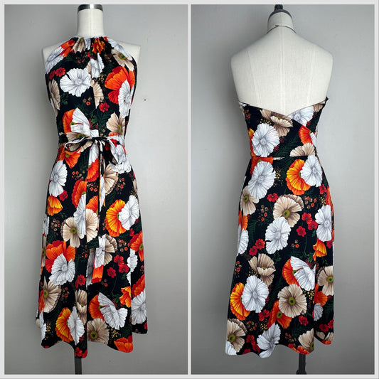 1970s Floral Halter Wrap Dress, Handmade Size Medium, Necklace Closure