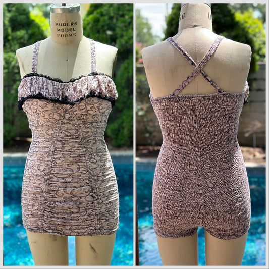 1950s Catalina Lace Print Swimsuit, Size XS-S, Pin Up, Burlesque