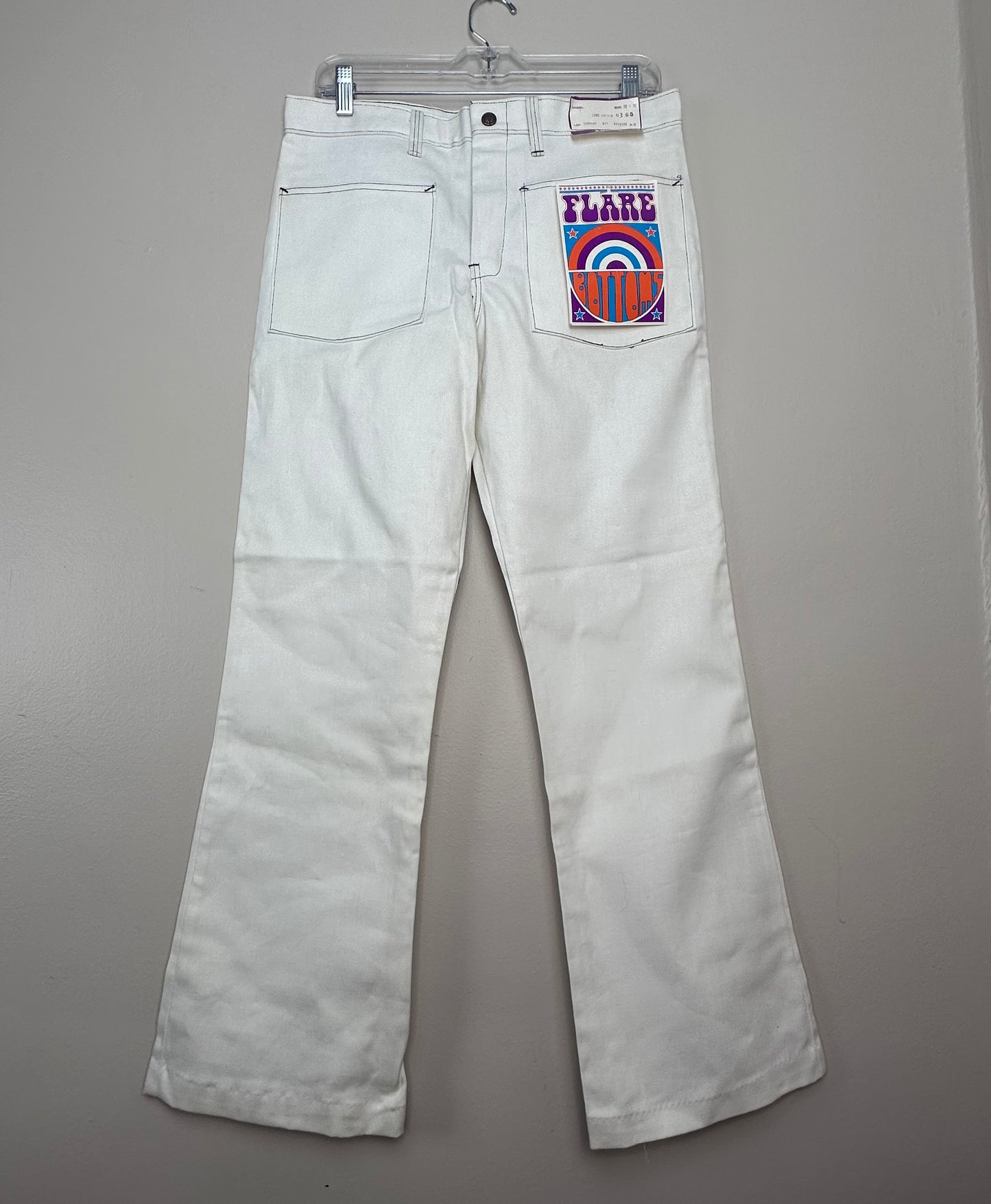 1960s Deadstock White Flare Bottoms Jeans, 32x29, Denim Bell Bottoms