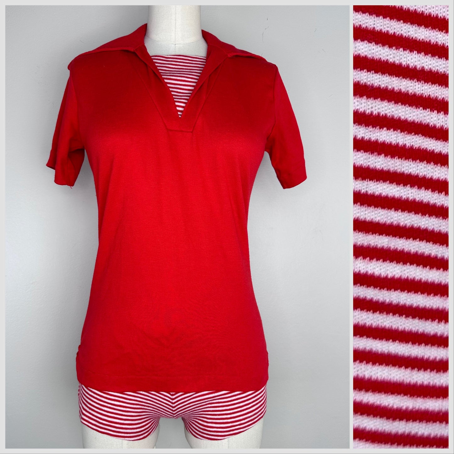 1970s Red Nautical Knit Set, Top and Shorts, Size Small