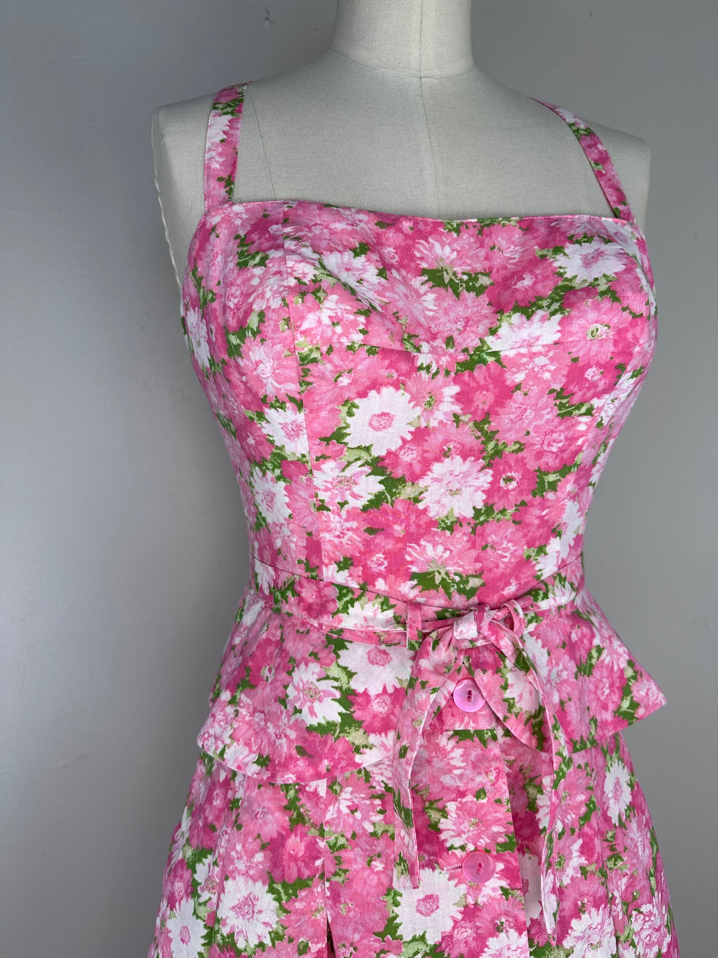 1950s Pink Floral Skirted Peplum Romper with Matching Midi Skirt, Gabar Size XS