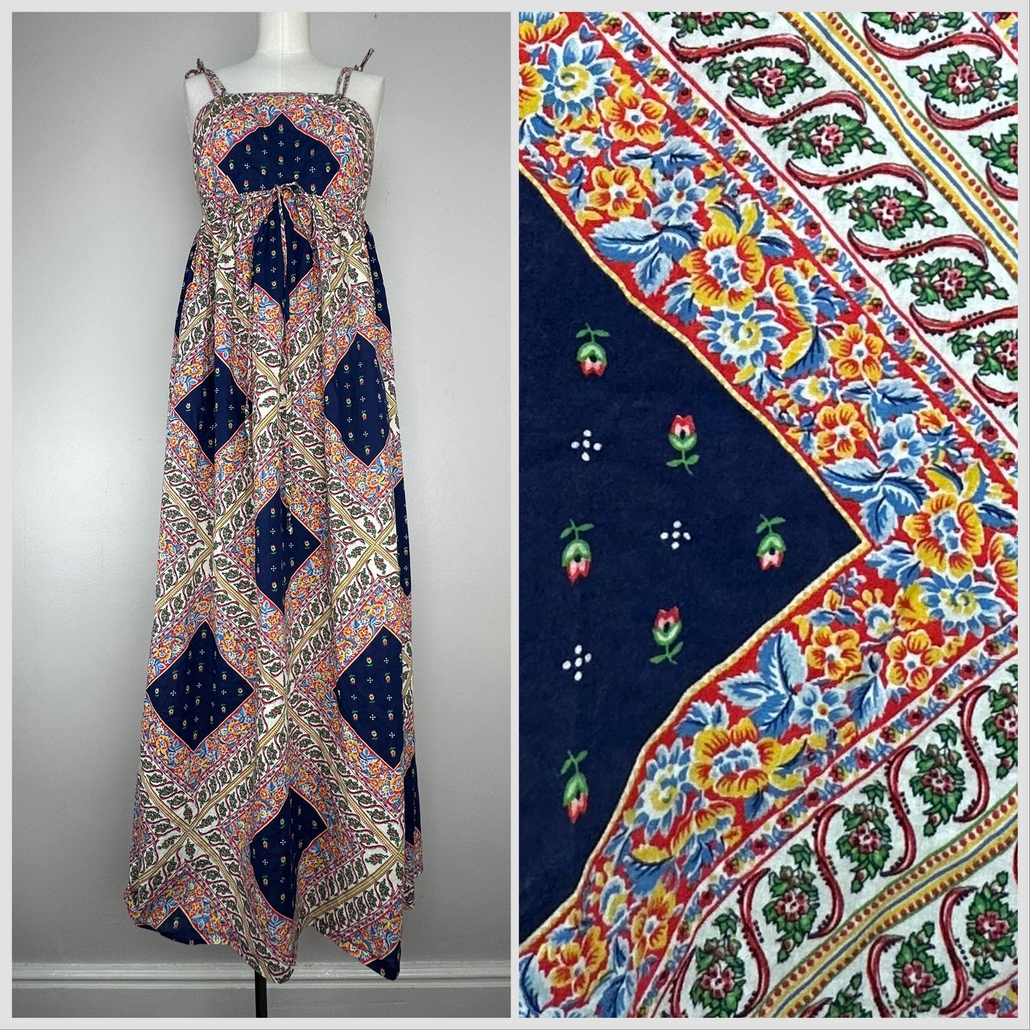 1970s Boho Scarf Print Maxi Dress, Handmade Size XXS Sundress