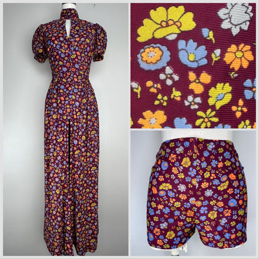 1970s Floral Maxi Dress with Shorts, Size XS