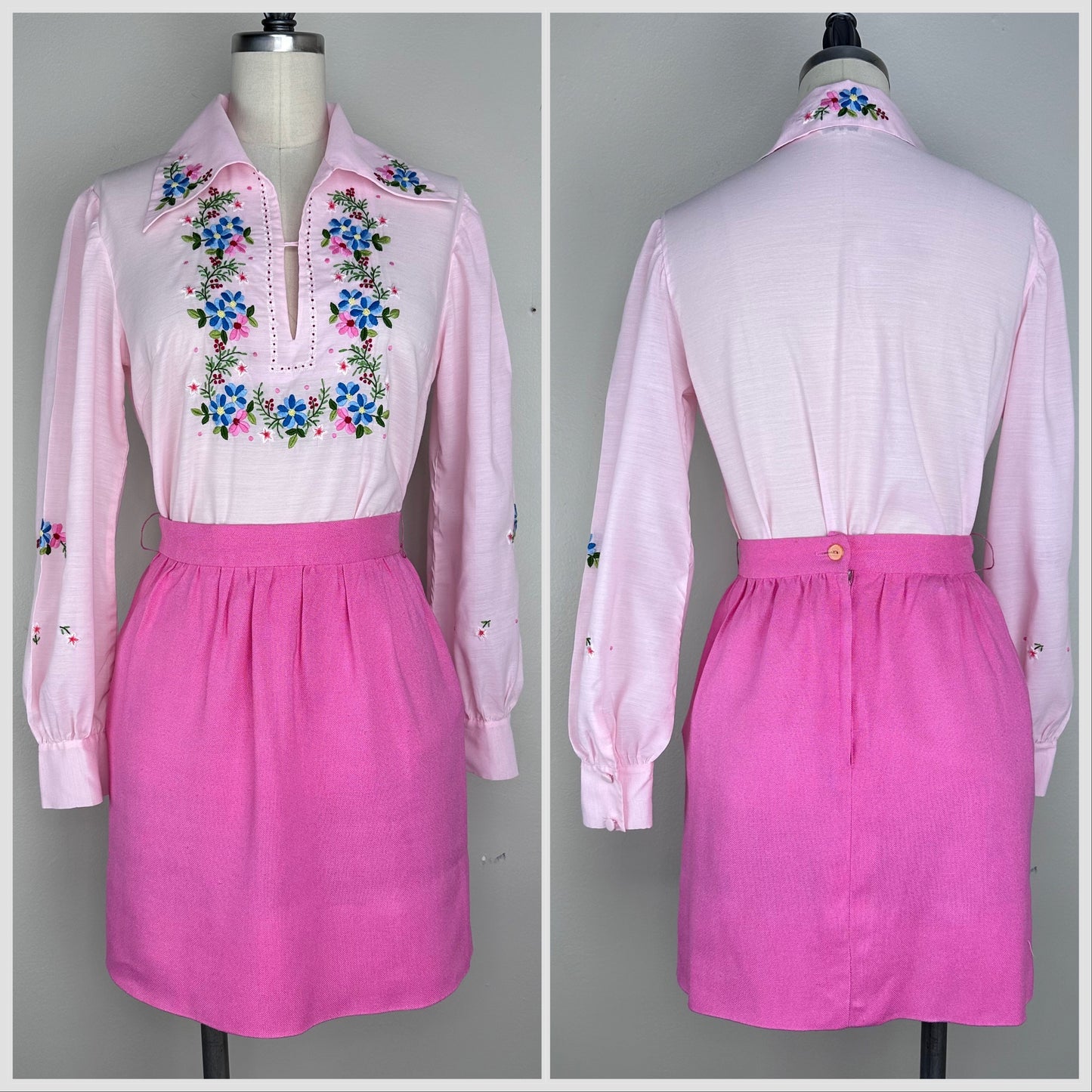 1970s Pastel Pink Hand Embroidered Peasant Blouse, Lily Size Small