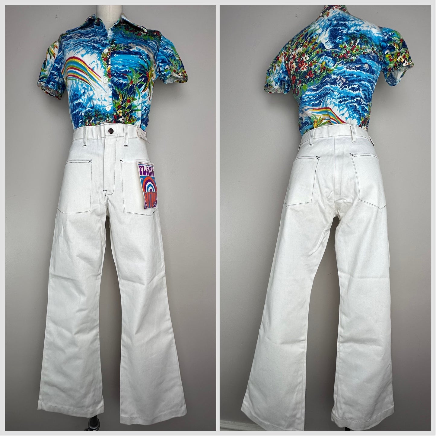 1960s Deadstock White Flare Bottoms Jeans, 32x29, Denim Bell Bottoms